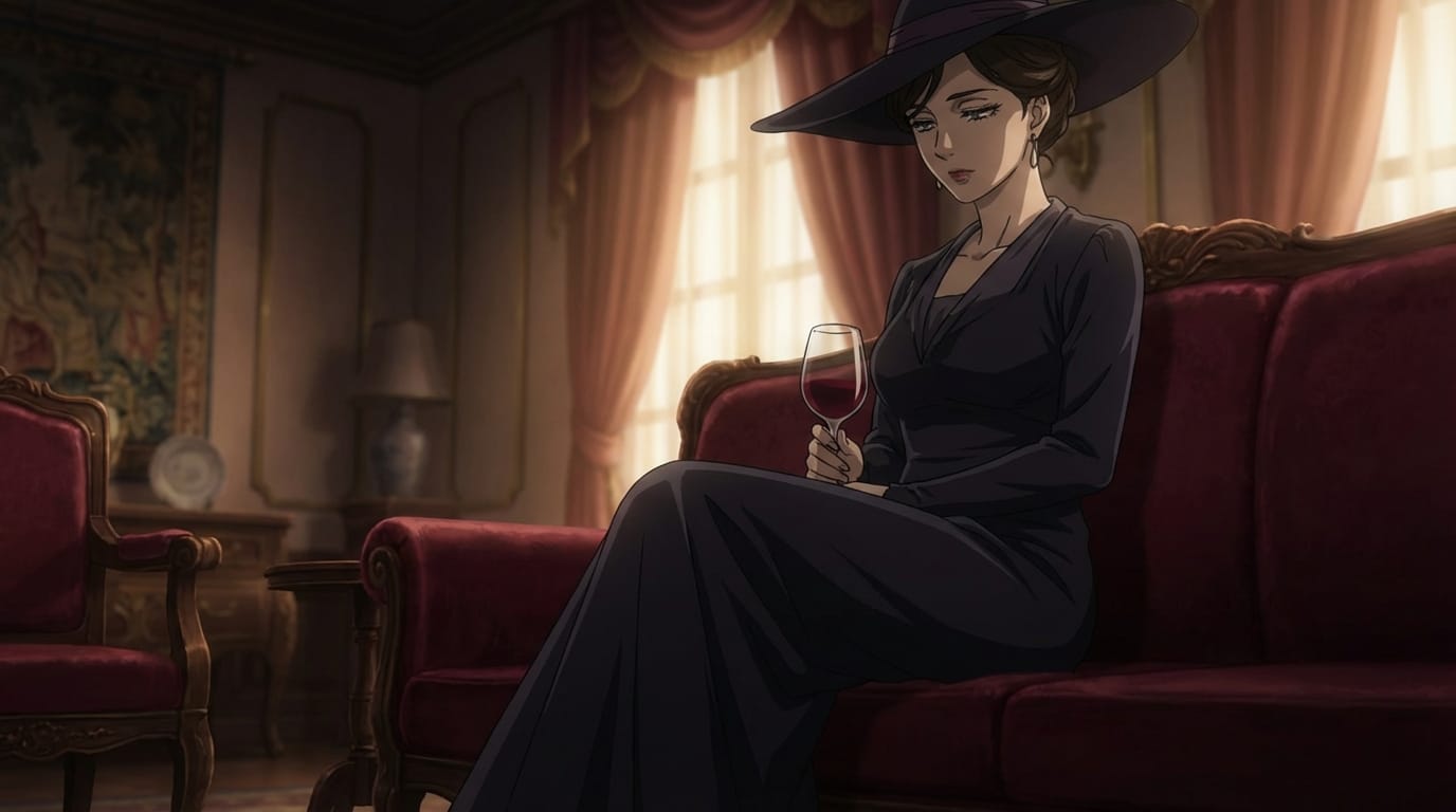 Cinematic anime shot, low angle, a mysterious woman sitting on a velvet sofa in a dimly lit luxury room, holding a glass of wine, sensual atmosphere, soft focus background, high quality animation art, detailed eyes, evening gown