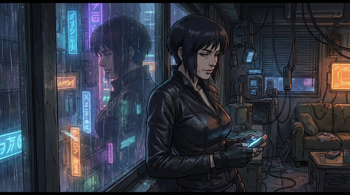 A mature anime style shot of a female spy in a tight leather suit leaning against a rainy window in a cyberpunk city apartment, neon lights reflecting on her silhouette, melancholic and sexy expression, detailed background, atmospheric lighting