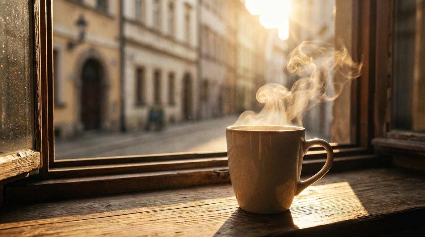 映画のようなクローズアップショット。淹れたてのコーヒーから湯気が立ち上り、朝日が差し込むカフェの窓辺。4k、高解像度、フォトリアル。