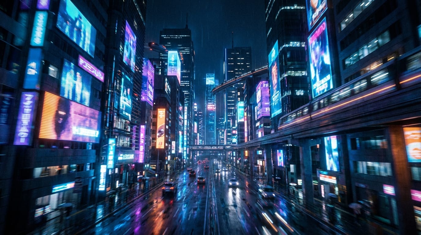 A cinematic drone shot flying rapidly through a futuristic Tokyo street at night, neon lights reflecting on wet pavement, hyper-realistic, 4k