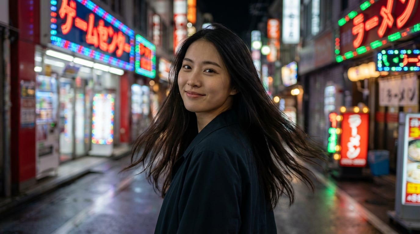 キャラクターがゆっくりとカメラの方を向き、微笑む。髪が風になびく。背景のネオンサインが点滅する。スムーズな動き。