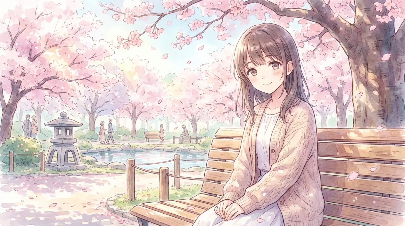 anime style illustration, a girl sitting on a bench in a park, cherry blossoms falling, spring season, soft pastel colors, watercolor texture, peaceful atmosphere, detailed background, high quality