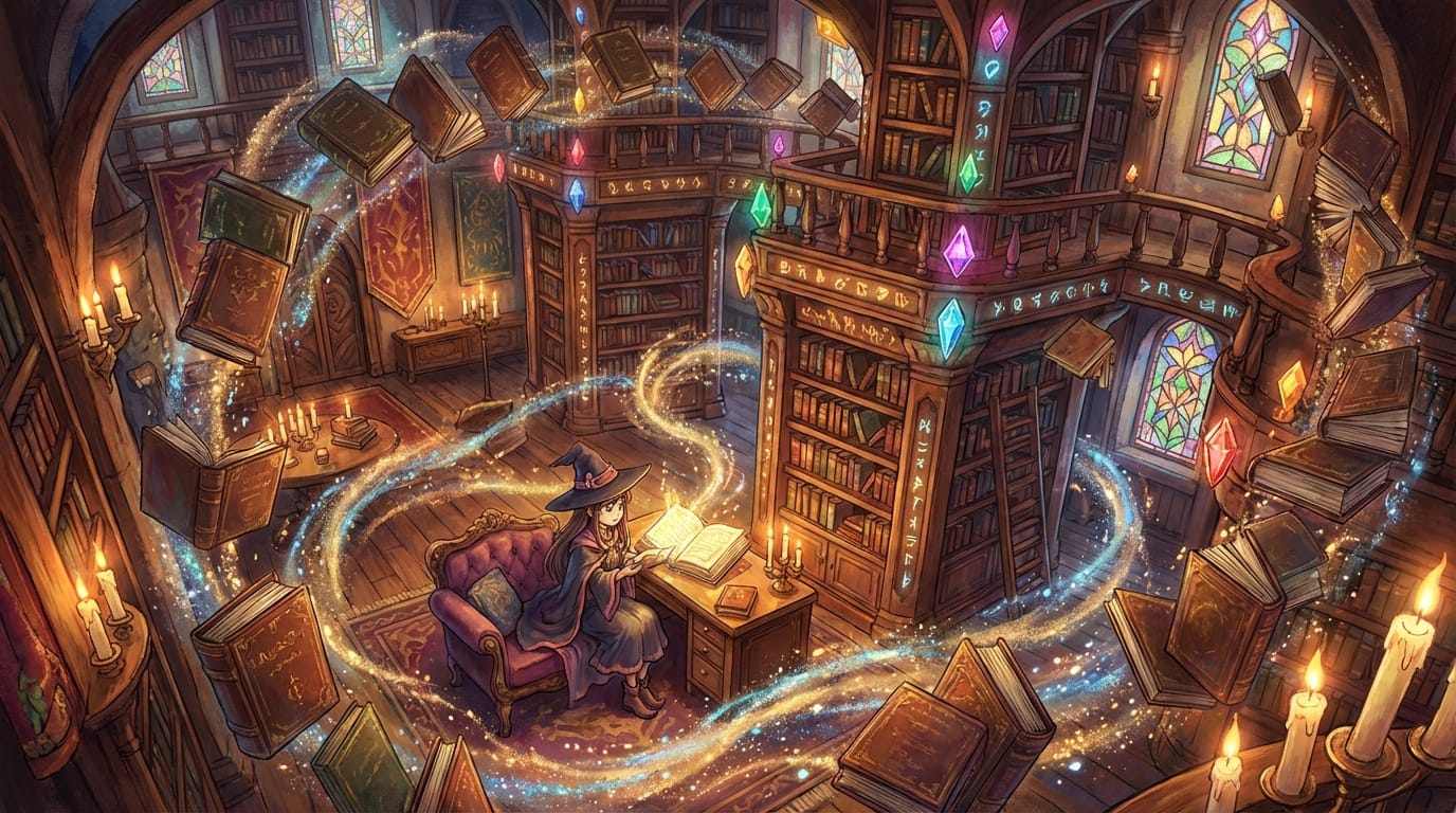 exquisite anime illustration, a magical library with floating books and glowing crystals, a young witch reading a spellbook, magical particles, dynamic angle, warm candlelight, intricate details, fantasy atmosphere, masterpiece, vibrant colors, wide shot