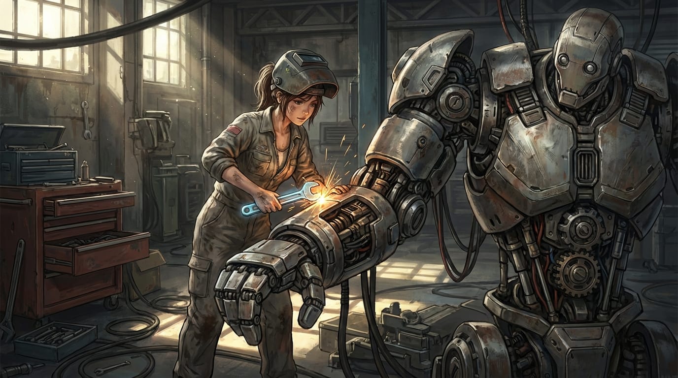 anime style sci-fi concept art, a girl mechanic repairing a giant robot, sparks flying, garage workshop background, oil stains on clothes, detailed mechanical parts, metallic textures, cinematic lighting, dramatic shadows, realistic anime style, high definition
