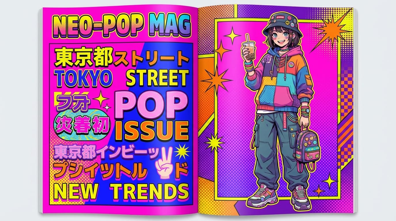 An anime style magazine layout design, colorful pop style, cute girl wearing streetwear, bold typography background, high contrast, vibrant colors, detailed accessories