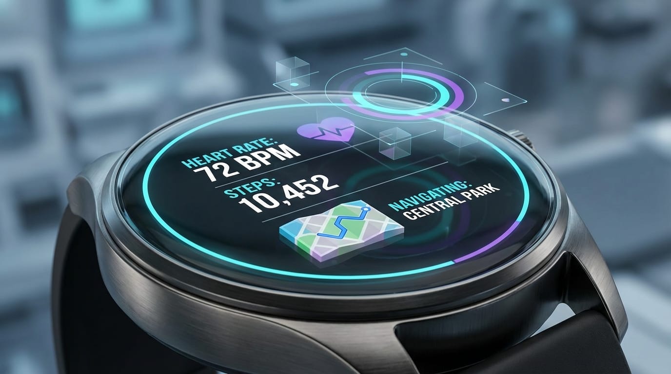 Close-up of a futuristic smartwatch interface, displaying health data and maps with clear text and numbers, sleek minimalist design, floating holographic elements, high tech, product photography style