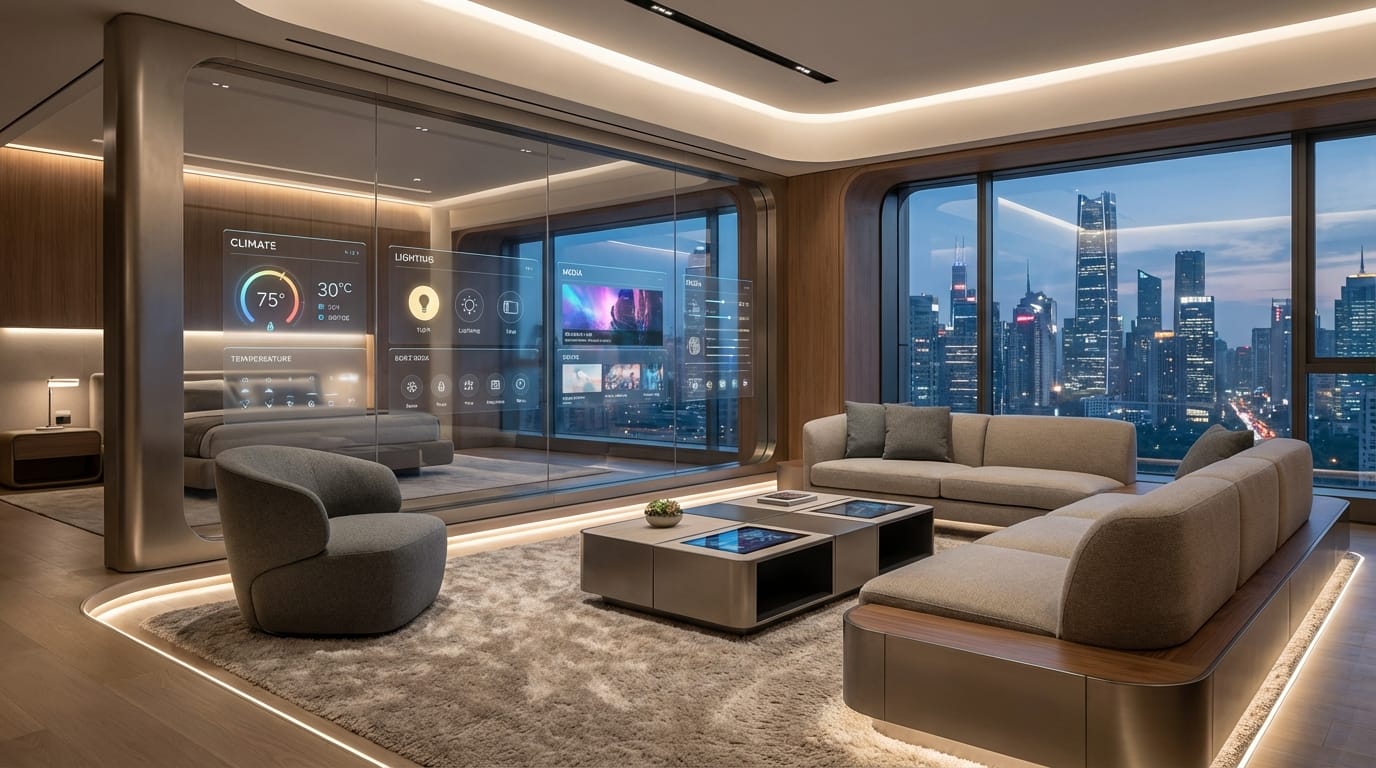 Futuristic interior design of a living room, smart home interface on glass wall, view of a high-tech city skyline through the window, minimalist furniture, ambient lighting, cozy yet modern atmosphere
