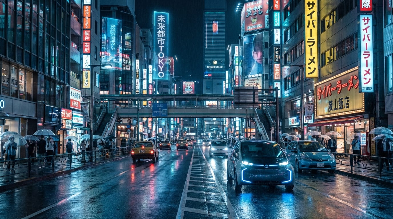 A near-future Tokyo street scene at night, wet asphalt reflecting neon lights, holographic advertisements with clear Japanese text, sleek electric vehicles, cinematic lighting, photorealistic, 4k resolution