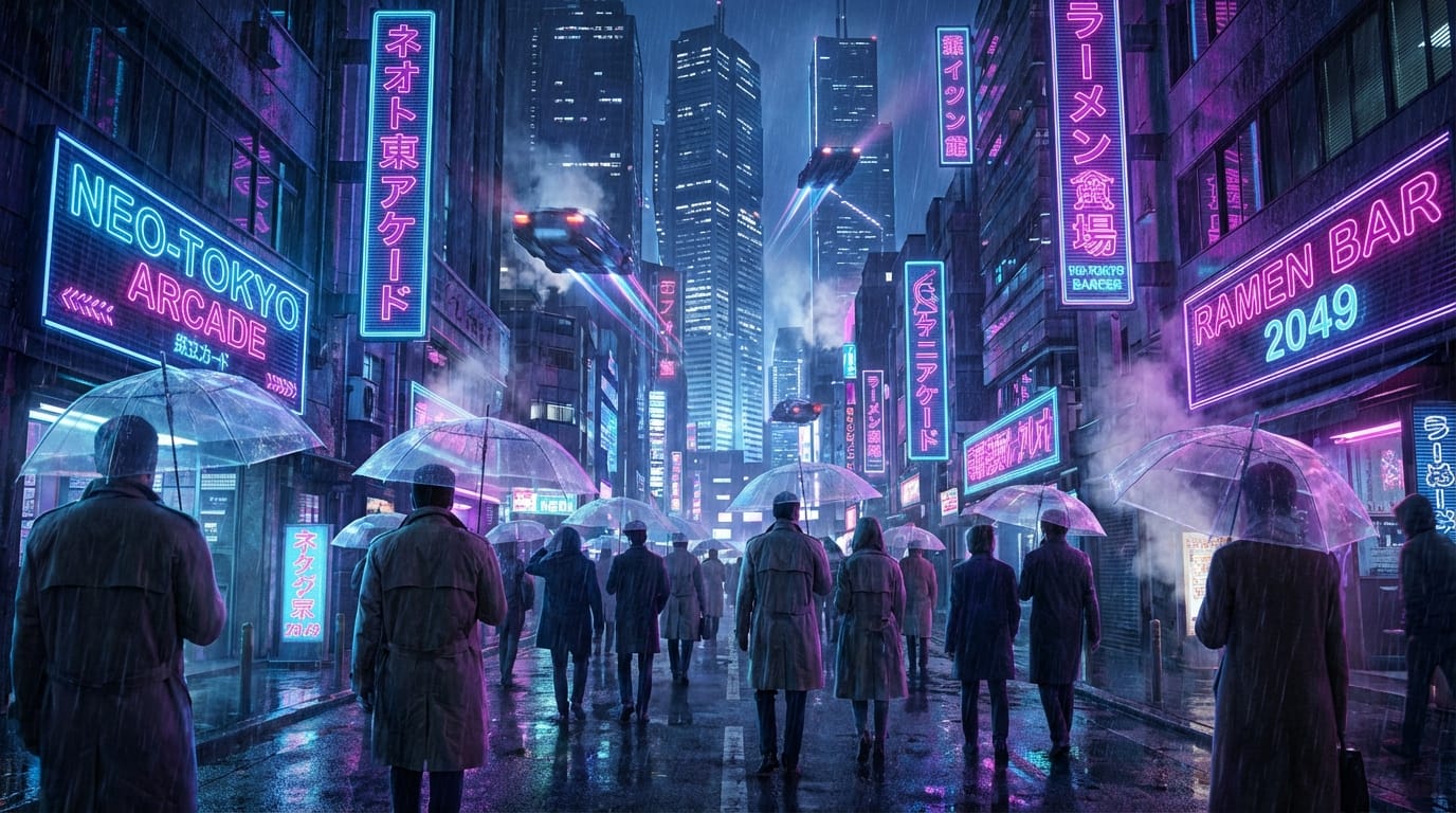 Rainy cyberpunk city street with glowing neon signs. Reflections on wet asphalt, futuristic skyscrapers, flying cars, back view of crowd, cinematic blue and purple tones, intricate details, wide angle lens.
