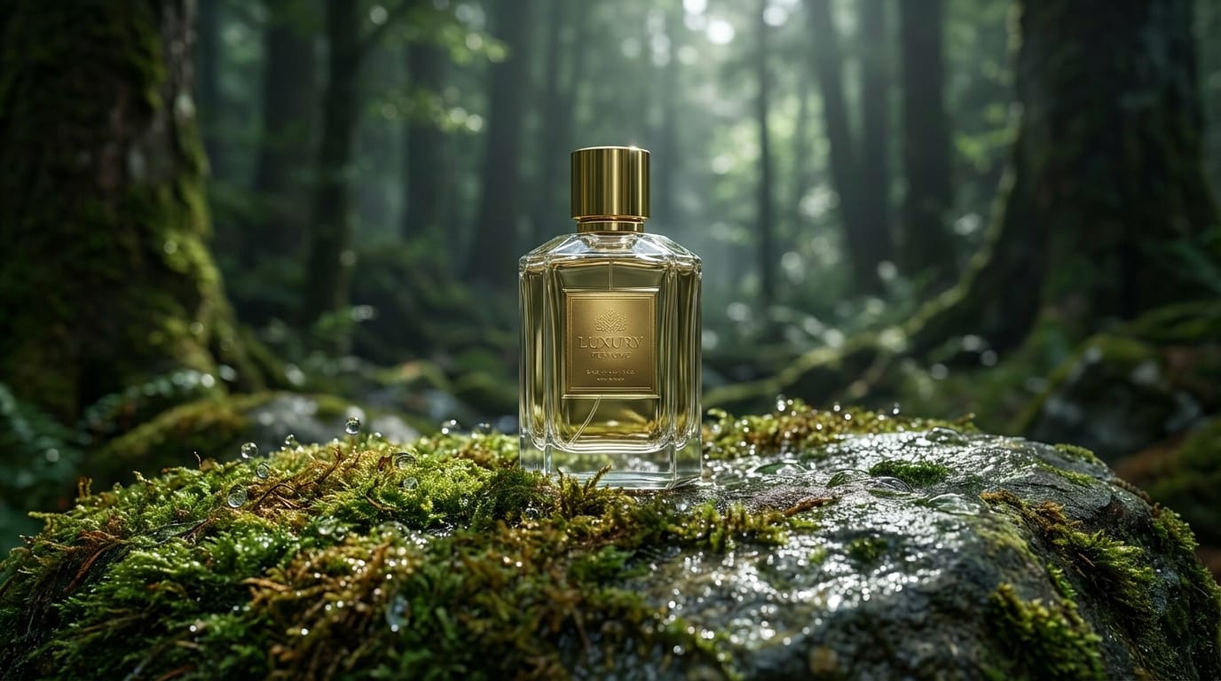 Luxury perfume bottle placed on a mossy rock wet with morning dew. Background is a misty deep forest, natural light, cinematic lighting, 8k resolution, hyper-realistic texture, macro photography.