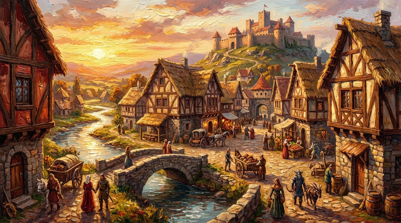 Fantasy RPG village landscape based on the sketch, impasto oil painting style, warm sunset light, detailed rendering.
