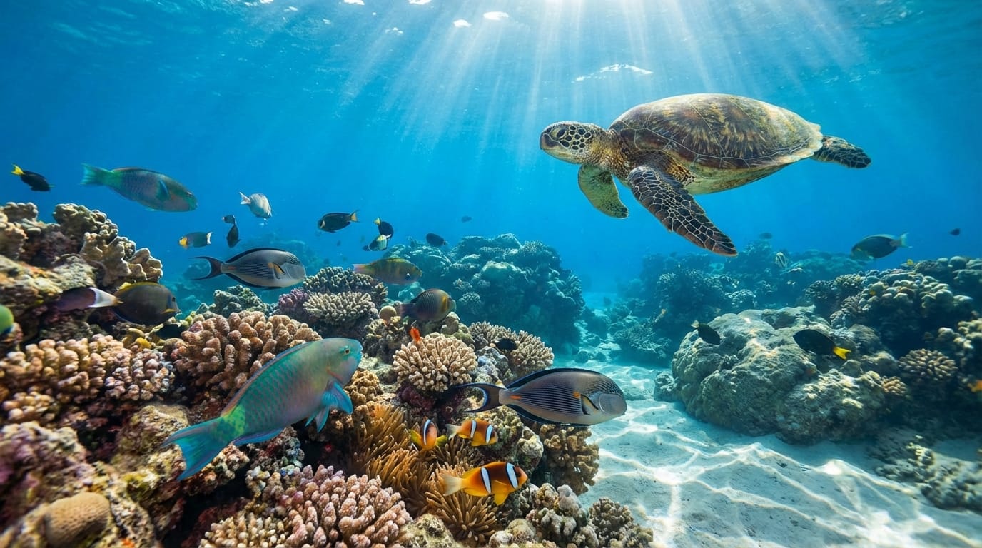 An underwater photography shot of a colorful coral reef with tropical fish and a sea turtle, sun rays penetrating the blue water, realistic water caustic effects, detailed marine life, clear focus, national geographic style, 8k resolution