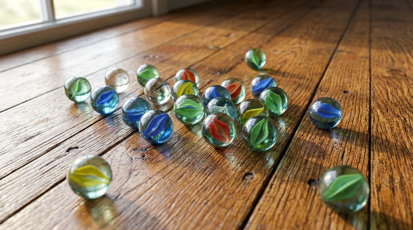 A hyper-realistic close-up of colorful glass marbles scattered on a wooden floor, reflection of light, smooth glass texture, sharp focus, detailed wood grain, playful and nostalgic mood