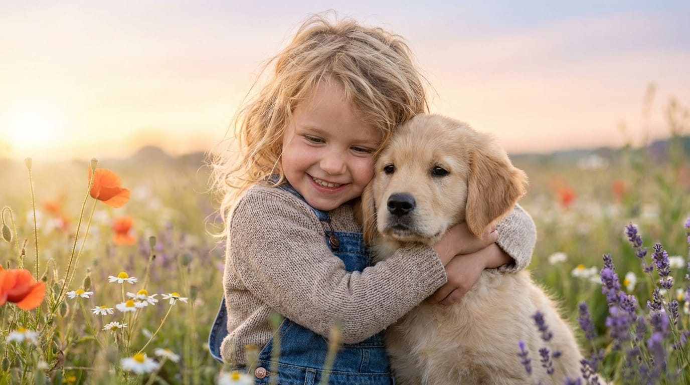 A heartwarming realistic photo of a smiling little girl hugging a golden retriever puppy in a flower field, soft morning sunlight, joyful expression, detailed hair and fur, vibrant colors, shallow depth of field, high quality photography style