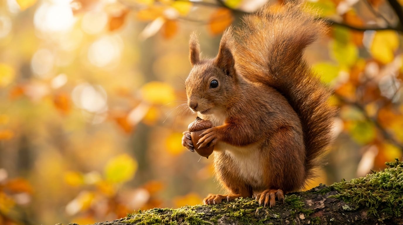A highly detailed macro photography shot of a cute red squirrel holding an acorn in a sunlit autumn forest, soft bokeh background with golden leaves, realistic fur texture, bright and warm lighting, educational nature documentary style, 8k resolution, cinematic composition