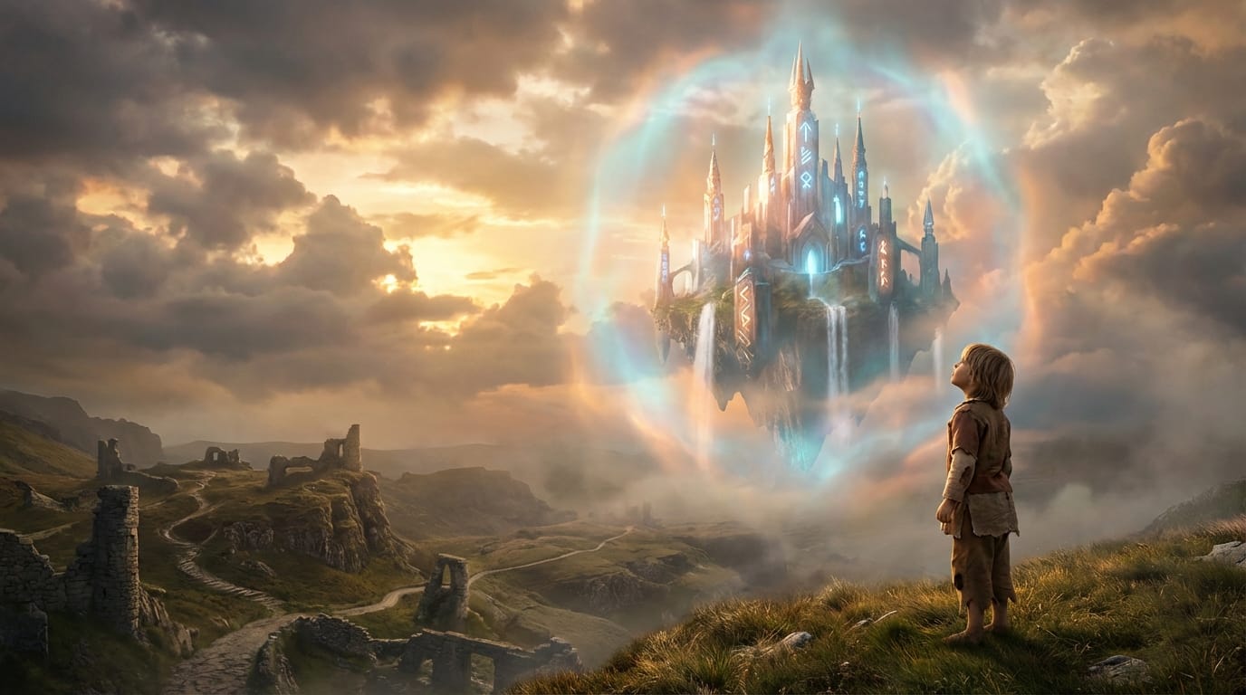 A wide angle cinematic shot of a young child looking at a glowing magical floating castle in the sky, realistic clouds and sunset lighting, dreamlike atmosphere, high fantasy concept art, photorealistic rendering, intricate details, emotional and inspiring mood