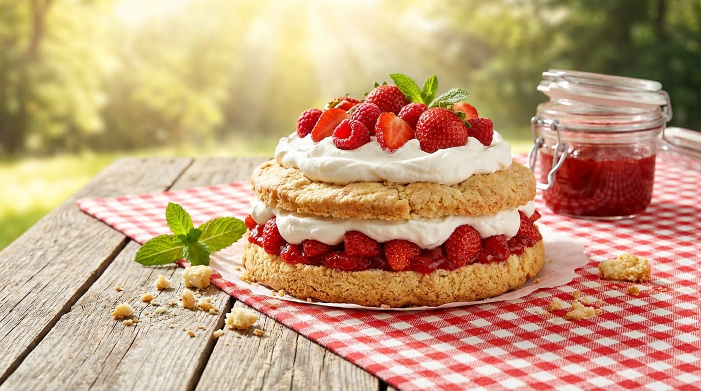 A close-up realistic photo of a delicious strawberry cake on a picnic table, bright natural daylight, cheerful atmosphere, vibrant red and white colors, high resolution food photography, appetizing and sweet