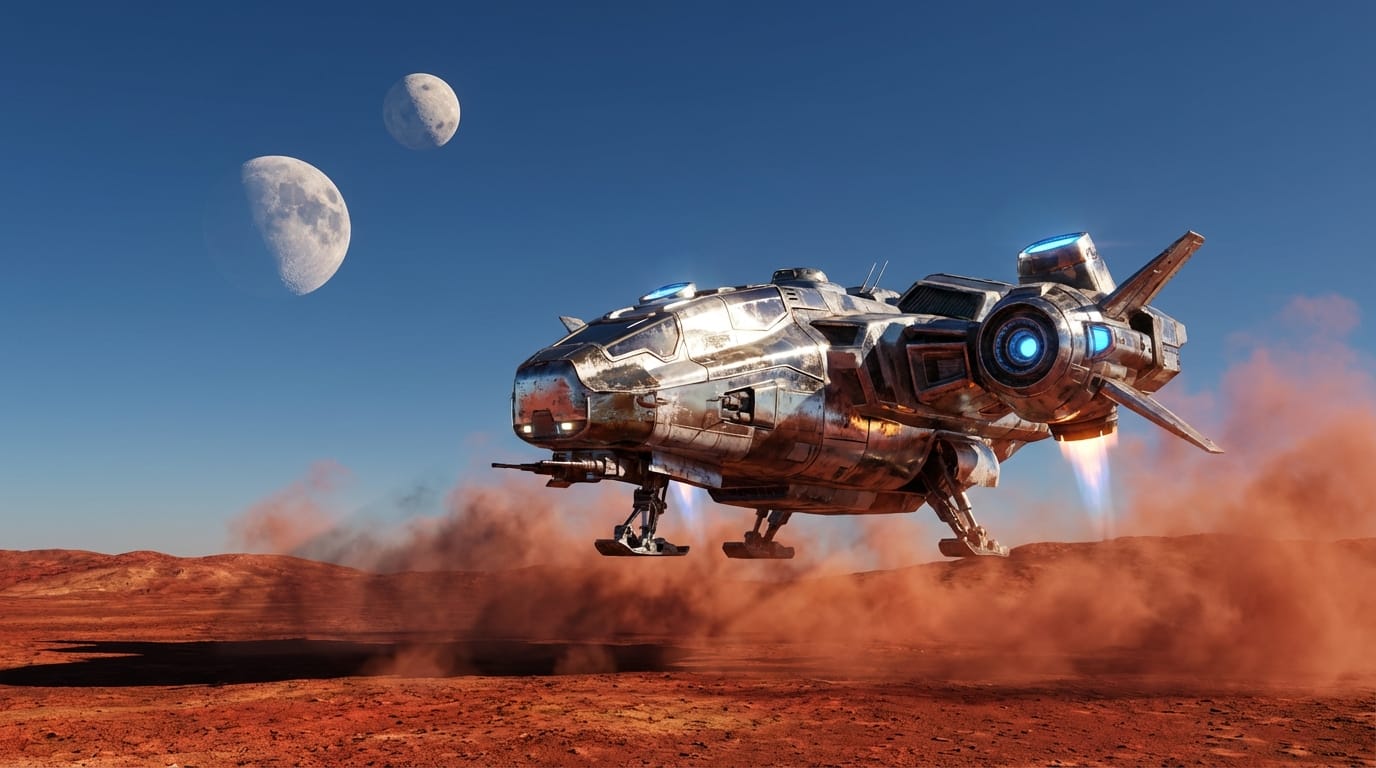 A futuristic spaceship landing on a red alien planet, realistic metal textures and engine glow, dust particles in the air, clear blue sky with two moons, scientific fiction illustration style, sharp focus, hyper-realistic visualization, 8k masterpiece