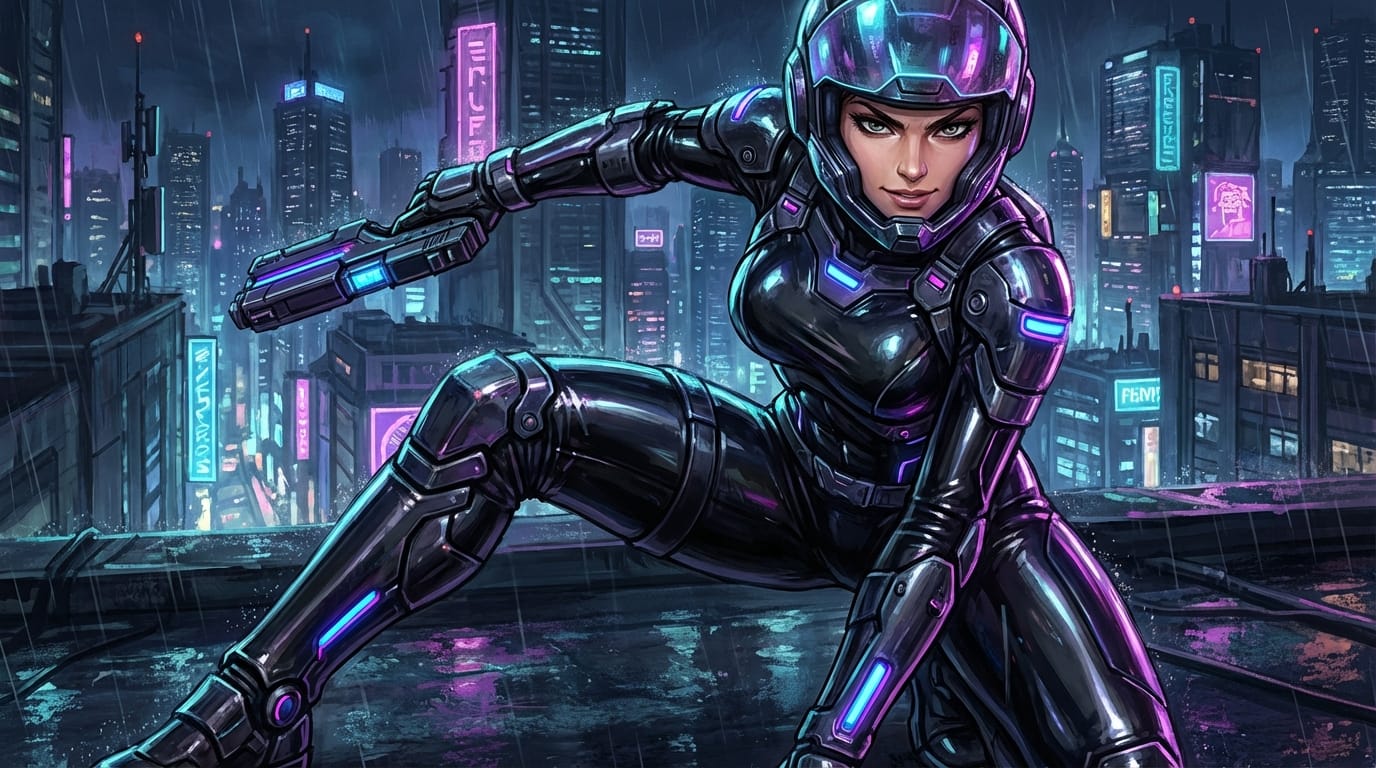 傑作、最高画質、8k、1人の女性、戦闘スーツ、光沢のあるラテックス、身体のラインを強調、メカニカルな装備、ネオンの反射、自信に満ちた表情、鋭い眼光、サイバーパンク都市の夜景、鮮やかな色彩、ダイナミックなポーズ、詳細な陰影、重厚な塗り