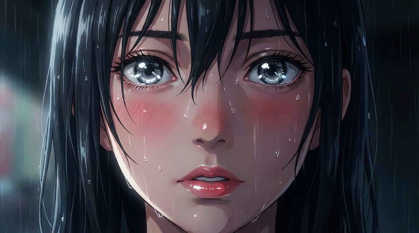 1girl, solo, portrait, intense gaze, blushing, glossy lips, wet skin, detailed eyes, cinematic lighting, high contrast, masterpiece, best quality, anime style