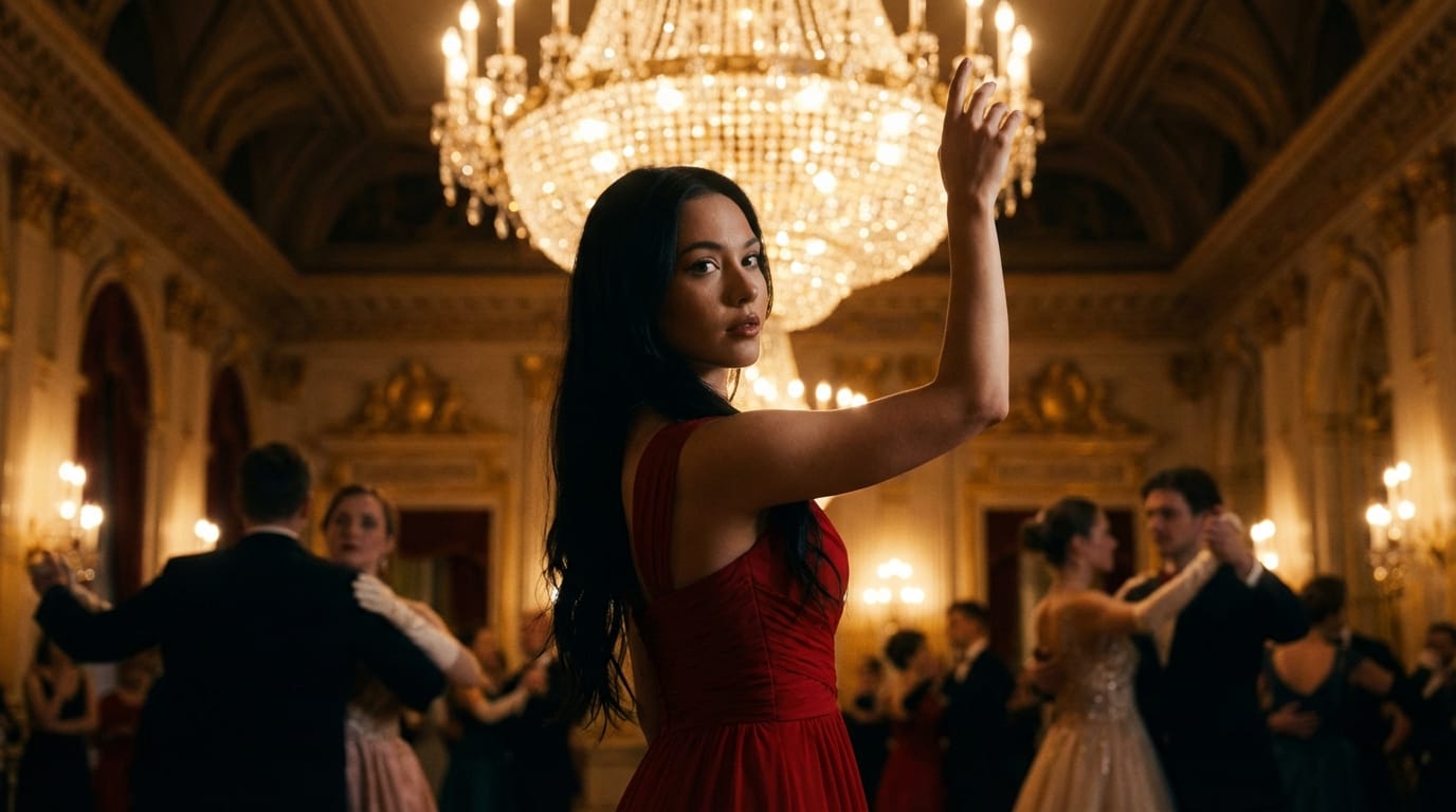 最高品質、1人の少女、黒髪、ロングヘア、赤いドレス、夜会、シャンデリアの光、ドラマチックな陰影、優雅なポーズ、詳細な顔、魅力的な視線、ソフトフォーカス、暖色系のライト