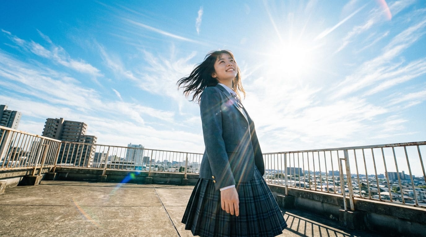 最高画質、傑作、1人の少女、制服、屋上、青空、雲、風になびく髪、下からのアングル、広角レンズ効果、ダイナミックな構図、太陽の光、レンズフレア、爽やかな表情、詳細な背景
