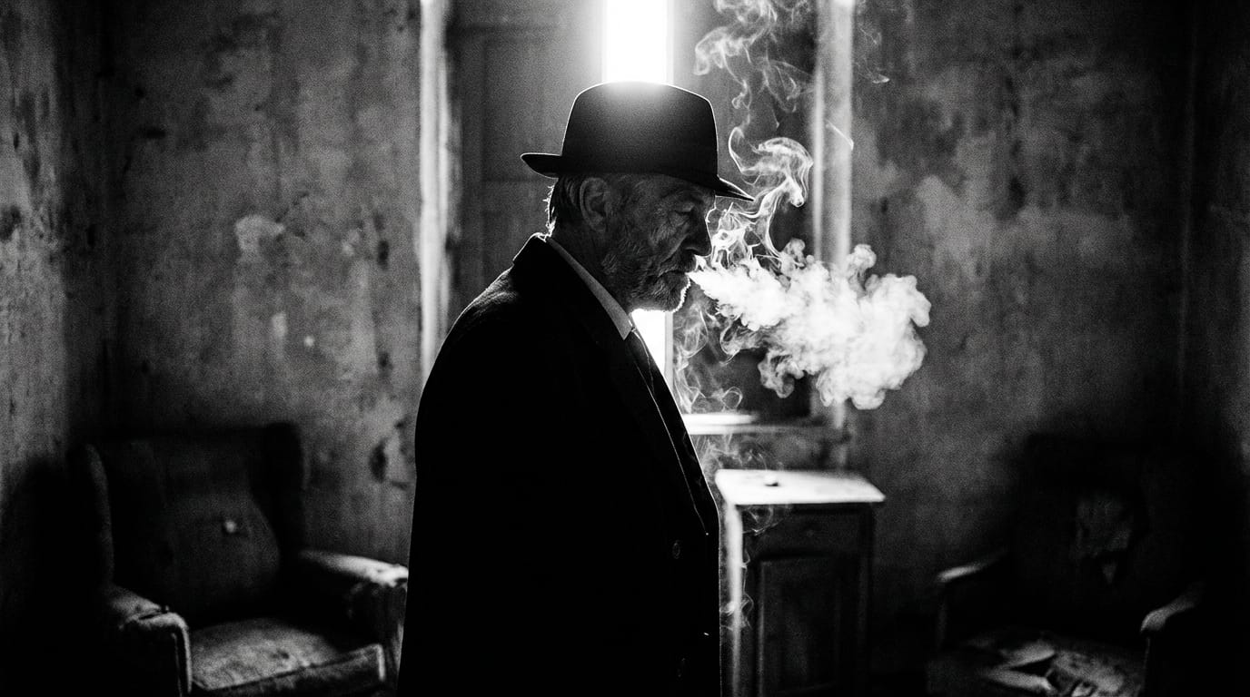 portrait of a man smoking a cigarette in the dark, strong rim lighting, smoke swirling around face, gritty texture, noir atmosphere, high contrast black and white photography