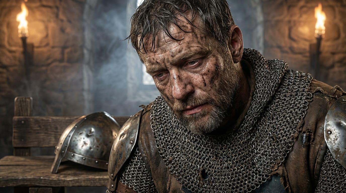 close-up photograph of a weary medieval knight resting after battle, helmet removed, face covered in mud and sweat, realistic skin pores, matted hair, exhausted expression looking down, dark moody lighting, flickering torch light in background, hyper-realistic, 8k