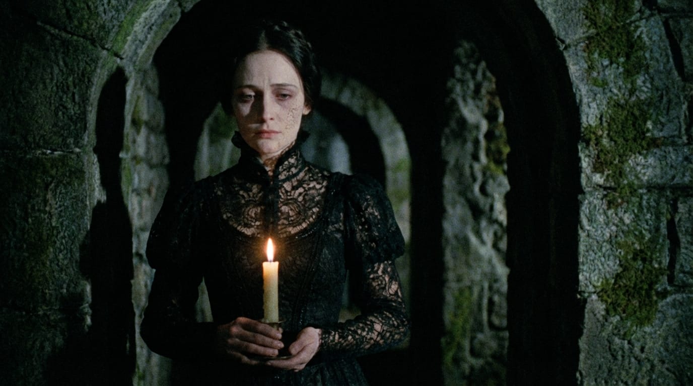 gothic horror photography, a mysterious pale woman in an elaborate black lace dress, standing in a dimly lit stone corridor, holding a candle, dramatic shadows on face, melancholic expression, sharp focus, cinematic grain, realistic texture of fabric and skin