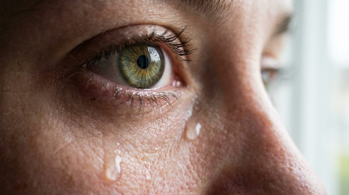 extreme close-up of a human eye crying, realistic tear drop running down cheek, detailed iris texture, eyelashes, skin texture visible, emotional, soft natural lighting, macro photography