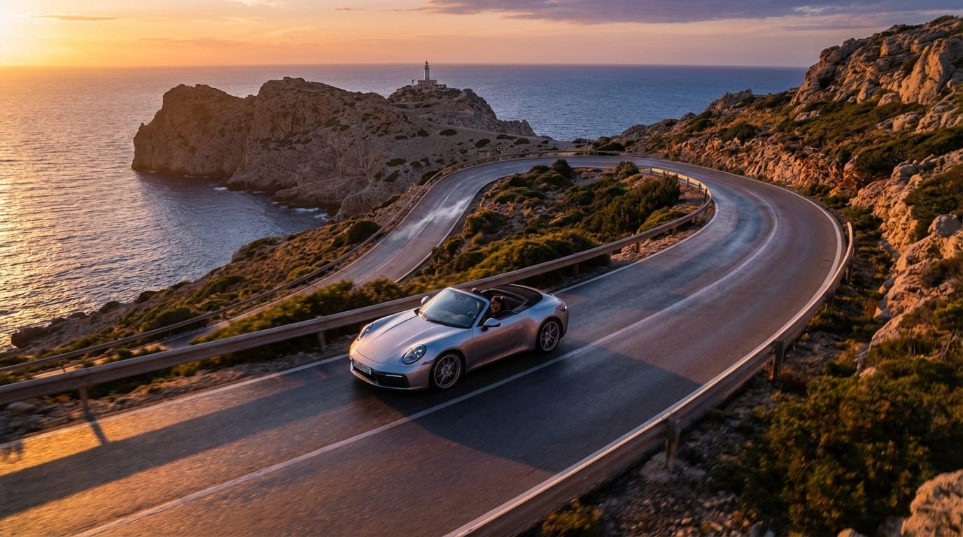 Cinematic drone shot, a silver sports car driving on a coastal road during sunset, realistic lighting, 4k, high resolution, realistic reflections.