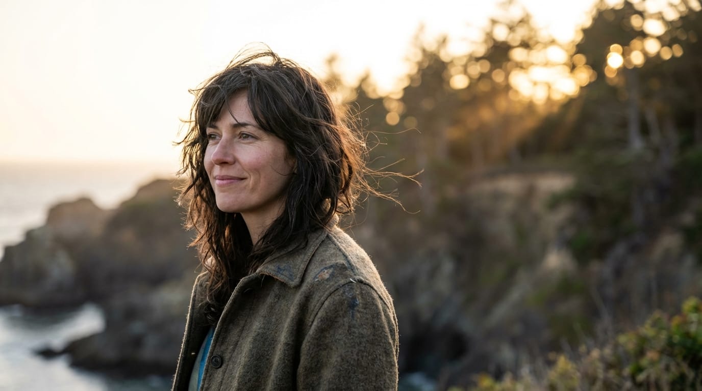 Camera slowly zooms in, character turns head slightly with a gentle smile, hair blowing in the wind, cinematic depth of field.