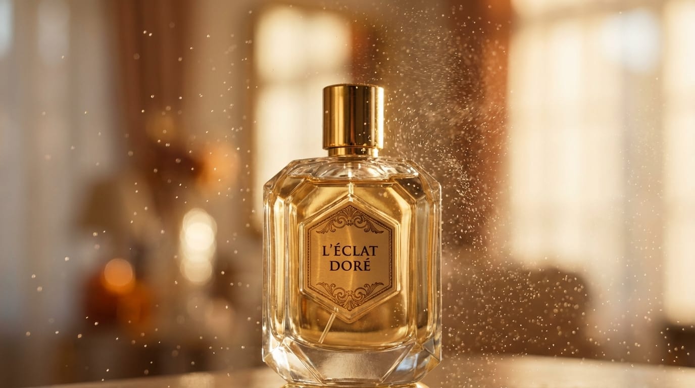 Cinematic close-up shot. A luxurious glass perfume bottle bathed in golden light. Delicate water droplets are dancing in slow motion around it. The background is blurred, creating a dreamy and elegant atmosphere. 4k resolution, highly detailed.