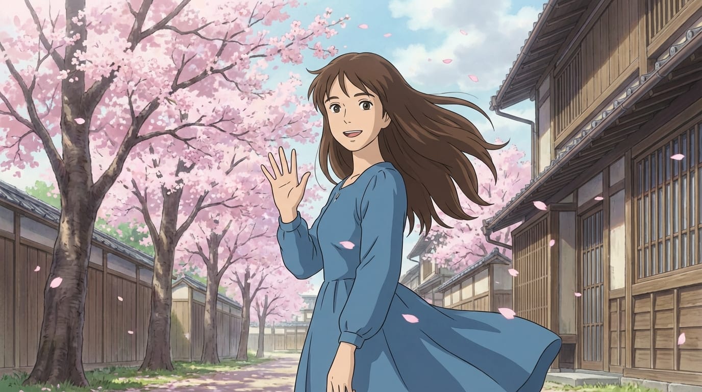 The character is waving brightly at the camera. The wind is gently swaying her hair and skirt. Cherry blossom petals are falling from the trees in the background. Natural smile, animation style, high quality.
