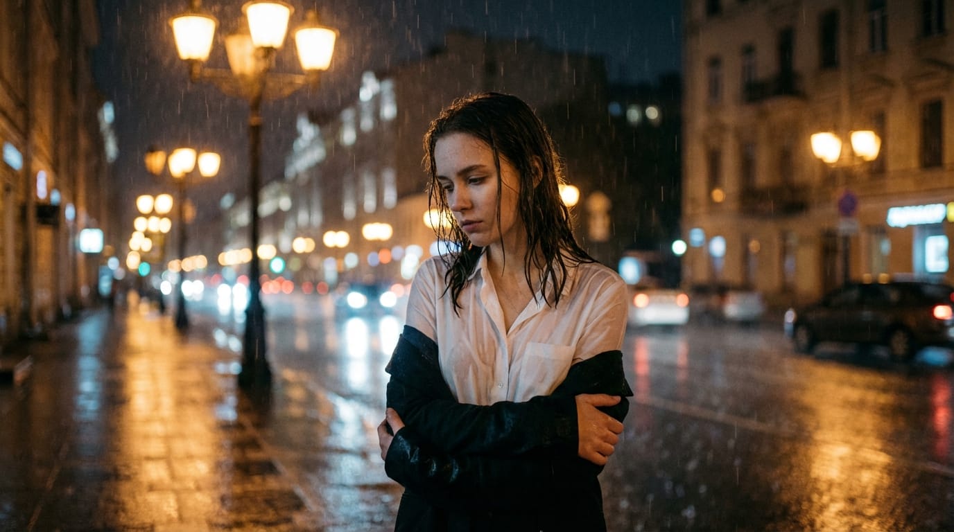 masterpiece, best quality, 1girl, solo, wet white shirt, rain, outdoor, night, street lights, sad but beautiful expression, hugging self, cold atmosphere, cinematic depth of field