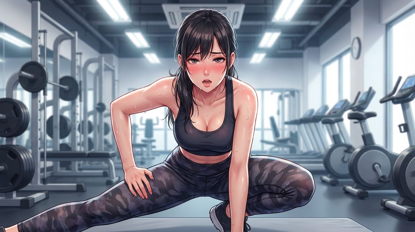 masterpiece, best quality, 1girl, solo, inside gym, wearing sports bra and yoga pants, stretching pose, heavy sweat, wet skin, glistening body, tired but aroused expression, heavy breathing, blushing face, looking at viewer, realistic anime style, detailed background, gym equipment, bright artificial lighting