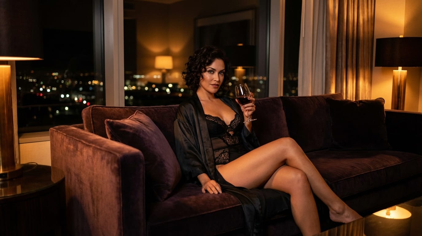 masterpiece, best quality, 1girl, solo, night, luxury hotel room, sitting on velvet sofa, wearing black lace lingerie and silk robe, glass of wine in hand, seductive gaze, crossed legs, sheer stockings, garter belt, dim lighting, city lights through window in background, romantic atmosphere, detailed fabric texture