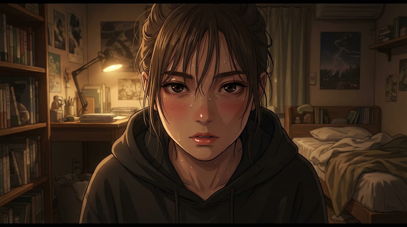 1girl, solo, wet skin, sweat, blushing, looking at viewer, intense eyes, glossy lips, cinematic lighting, high contrast, detailed bedroom background, anime style, masterpiece, best quality