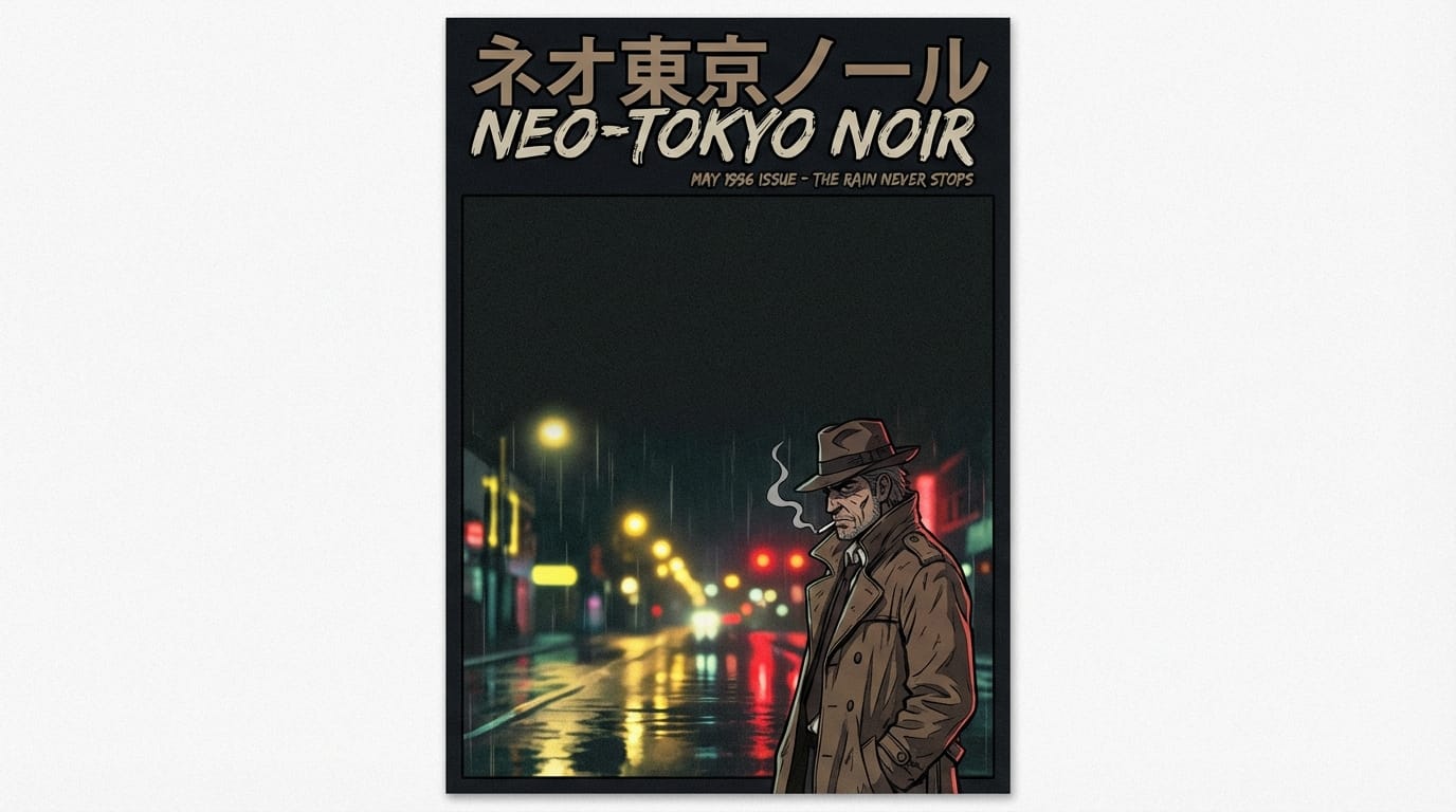 best quality, masterpiece, 1990s anime style, magazine cover, portrait of a detective man smoking a cigarette in a rainy city, trench coat, noir atmosphere, dark colors, street lights reflecting on wet pavement, cel shading, significant negative space at the top for text, composition rule of thirds