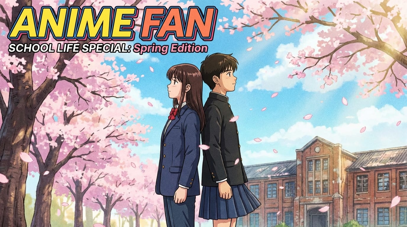 best quality, masterpiece, 1990s anime style, anime magazine cover, school life theme, a high school girl and boy standing back to back under cherry blossom trees, school uniform, falling cherry petals, old school building in the background, blue sky, emotional atmosphere, soft sunlight, cel shading, retro art style, detailed illustration, sentimental mood