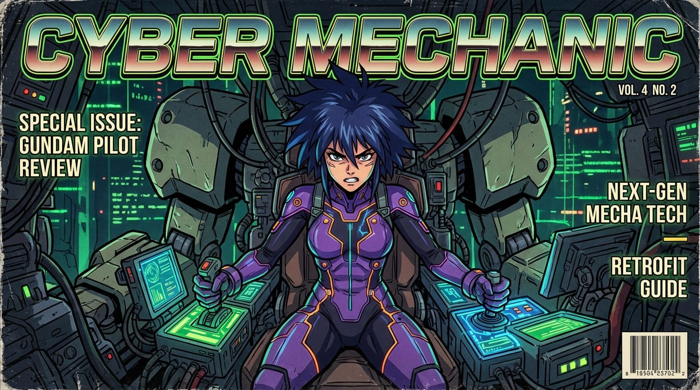 best quality, masterpiece, 1990s anime style, sci-fi mechanic magazine cover, cyberpunk setting, a female pilot in a plugsuit sitting in the cockpit of a giant robot, glowing control panels, complex machinery details, dark background with green digital lights, intense expression, dynamic angle, cel shading, heavy shadows, retro sci-fi aesthetic, detailed mechanical parts