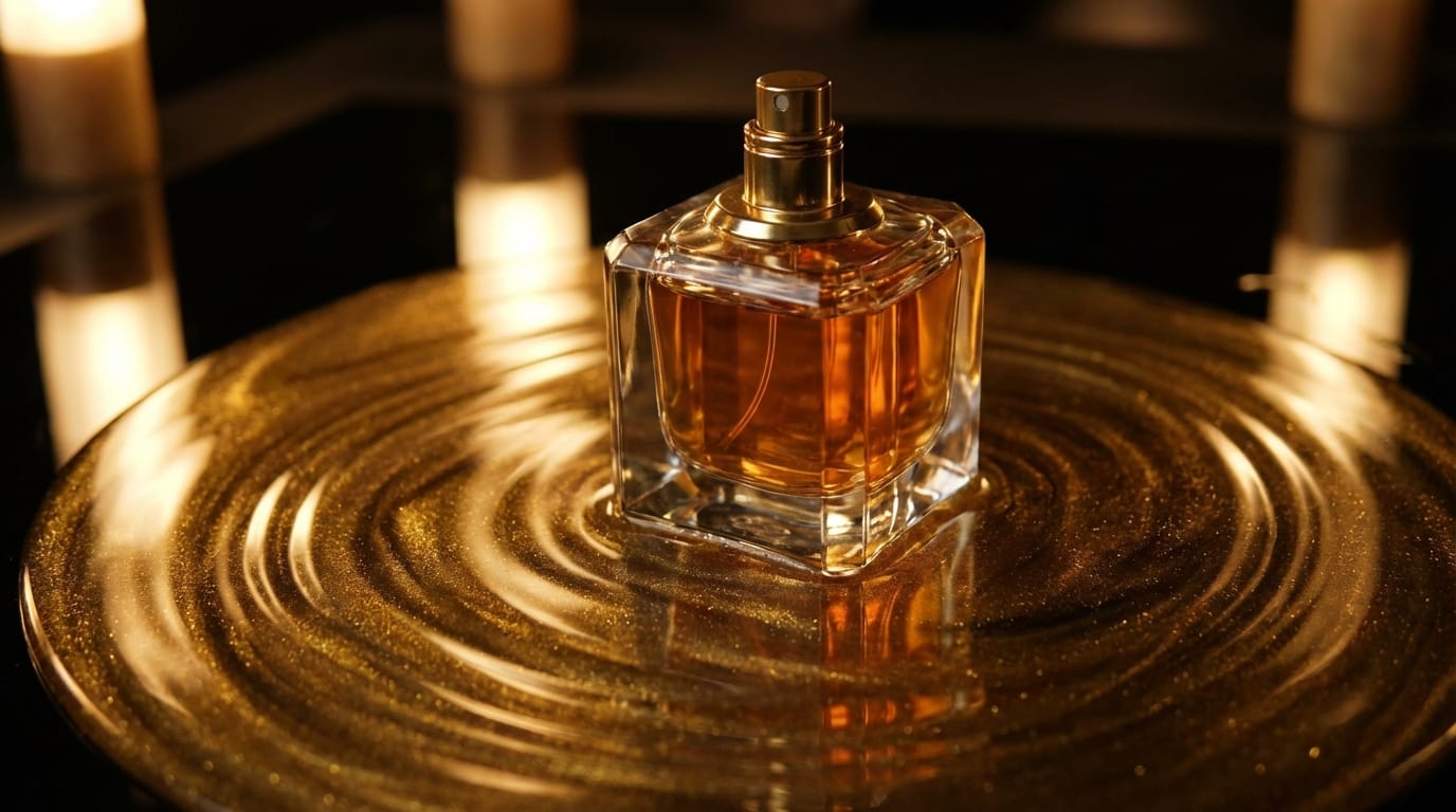 A luxurious glass perfume bottle surrounded by golden liquid in a dark background. Slow motion, cinematic lighting, 4k, high resolution. The camera rotates slowly, capturing ripples in the liquid and light reflections.