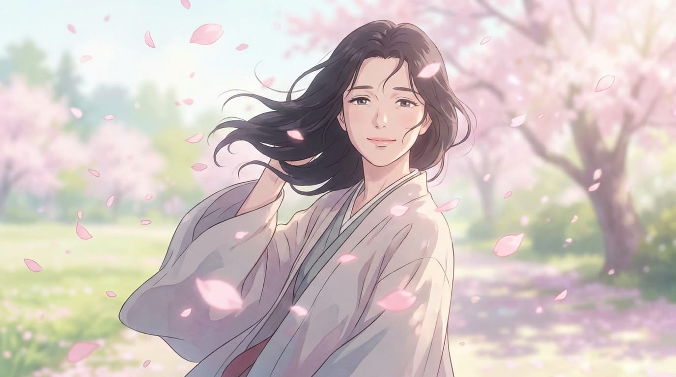 She smiles gently, wind blowing her hair. Cherry blossom petals dancing in the background. High quality animation, delicate movement.