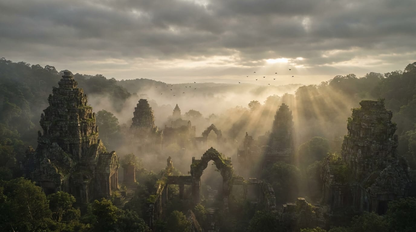 Drone camera panning slowly forward over the mystical ancient ruins, volumetric fog, sun rays piercing through the clouds, birds flying in the distance, cinematic atmosphere.