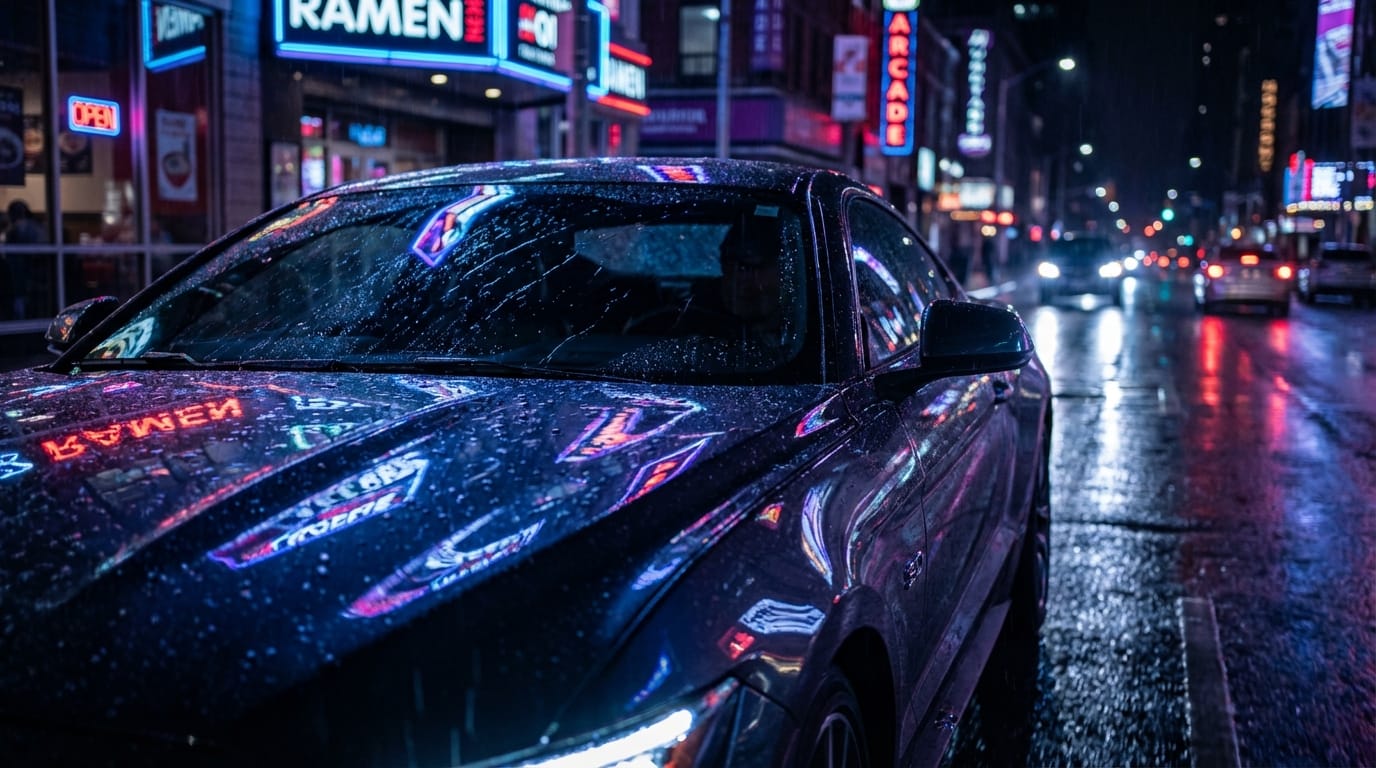 A cinematic close-up shot of a luxury sports car driving through a neon-lit city street at night during rain. Raindrops hitting the hood, reflections of neon lights on the wet asphalt. 4k resolution, high detail, photorealistic, slow motion.