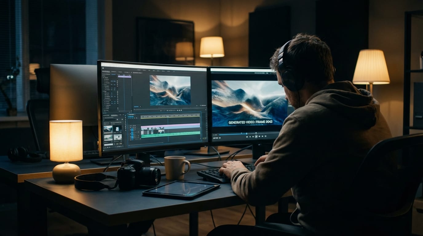 A professional creator working on a dual monitor setup in a dimly lit studio, analyzing high-quality AI generated video frames. Cinematic lighting, highly detailed, realistic.