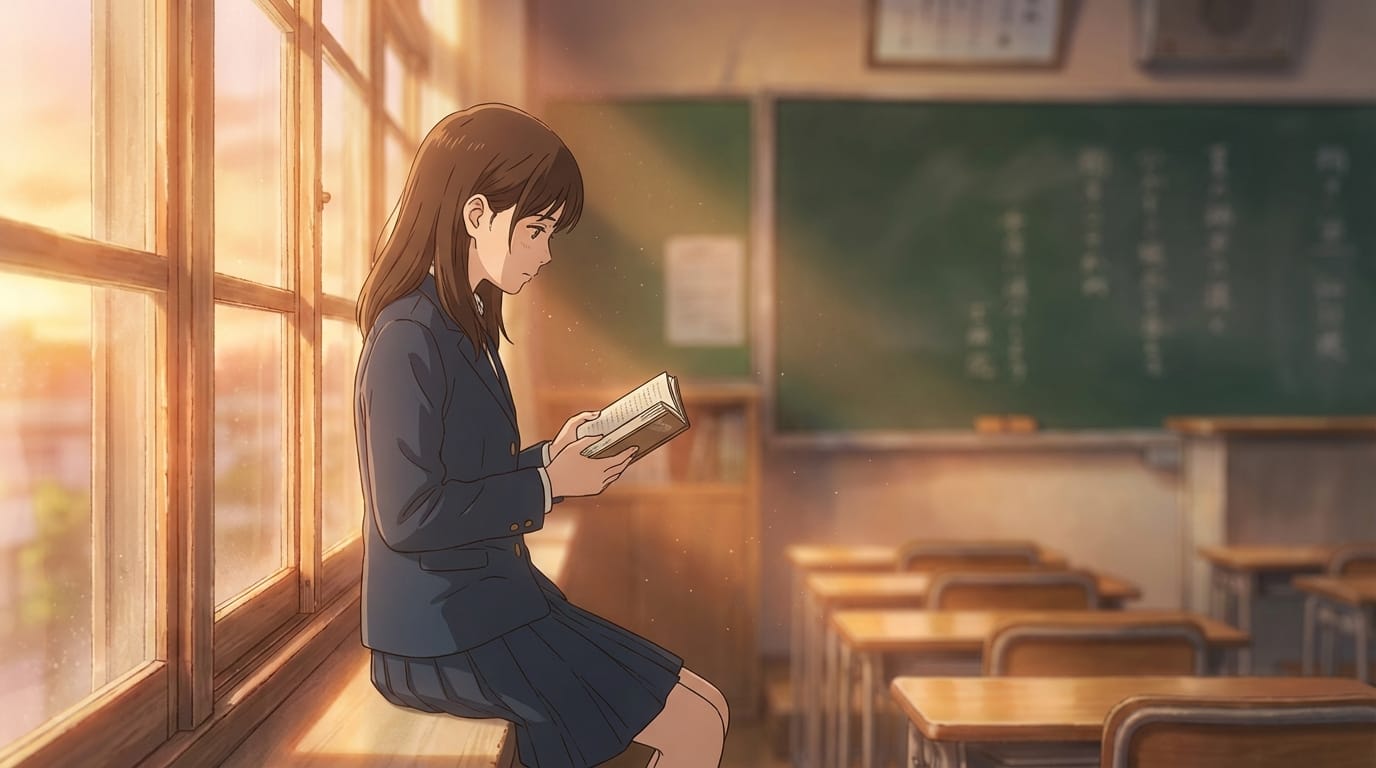 Delicate and detailed anime style. A girl in a school uniform reading a book by the window in a classroom at dusk. The camera slowly zooms in on the girl's profile, while the blackboard and desks in the background flow by with beautiful depth of field. The edges of light reflections become clear.