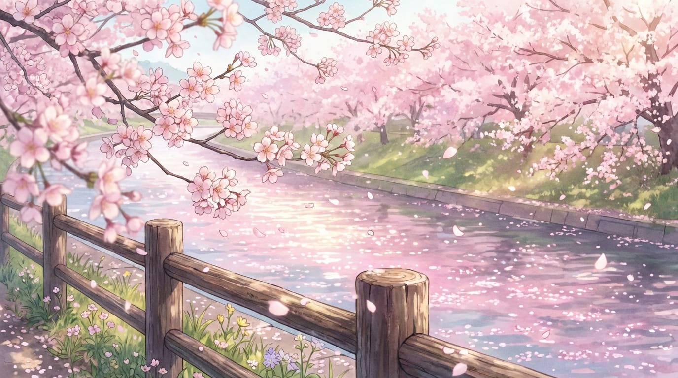 近年の人気作品に見られる繊細な画風。桜の花びらが舞い散る春の川沿い。カメラは固定され、風に揺れる桜の枝と、水面に反射する柔らかな太陽の光を捉え続ける。手前のオブジェクトを使った前ボケ。