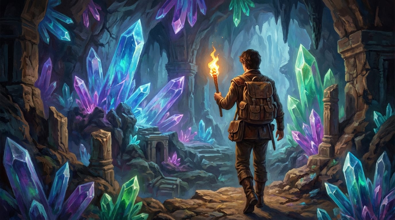 ファンタジー世界。巨大なクリスタルが輝く地下洞窟。探検家の服装をした青年が松明を持って歩いている。カメラは青年の背後から追従し、周囲のクリスタルの輝きや影の動きを緻密に描写する。実写的なリアルさと手描き感のあるリッチな画風の融合。