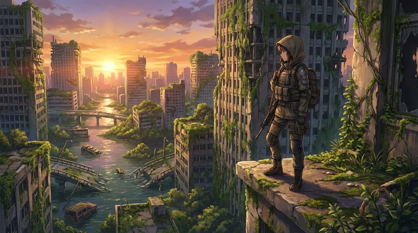 anime style, a lone survivor girl in tactical gear standing on top of a ruined skyscraper, looking at a flooded city below, overgrown with vegetation, sunset lighting, cinematic angle, highly detailed